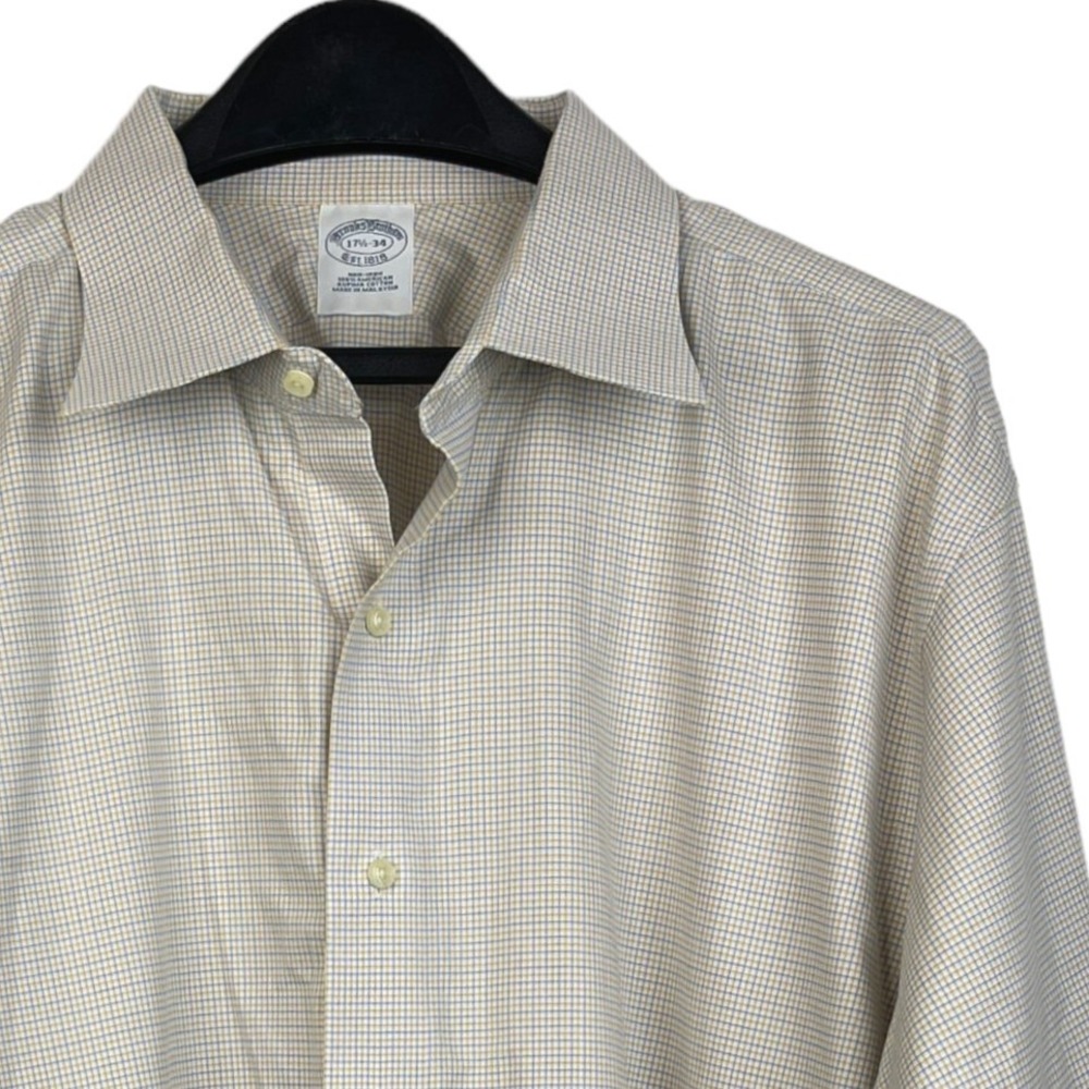 Brooks‎ Bothers Men's 17.5 34 (XL) Cotton Non Iron Button Up Blue Yellow Check
